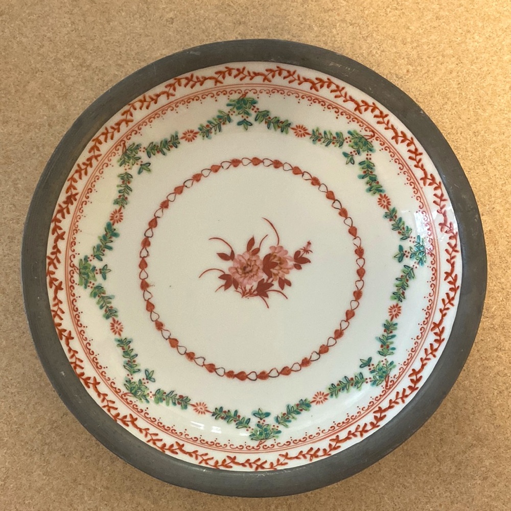 Vintage Japanese Porcelain and Pewter Decorative Bowl
